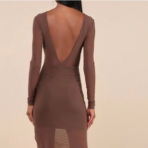 Lulus Alluring Silhouette Dark Brown Sheer Mesh Backless Maxi Dress Size Large